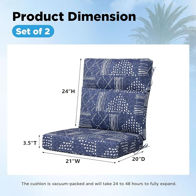 Outdoor Patio Chair Cushions 44x21x3.5 inch, Set of 2 Thicken Comfy Cushions for Rocker Non Slip Fade Shield Water Repellent High Back with Ties, Cobalt Grid