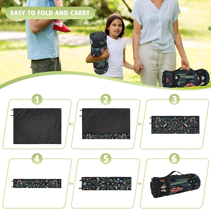 Mushroom Picnic Blankets Waterproof Foldable, 60″X80″ Packable Picnic Mat Insect Outdoor Blanket for Grass, Boho Large Beach Blanket Sandproof Picnic Accessories for Camping Music Festival Park Lawn