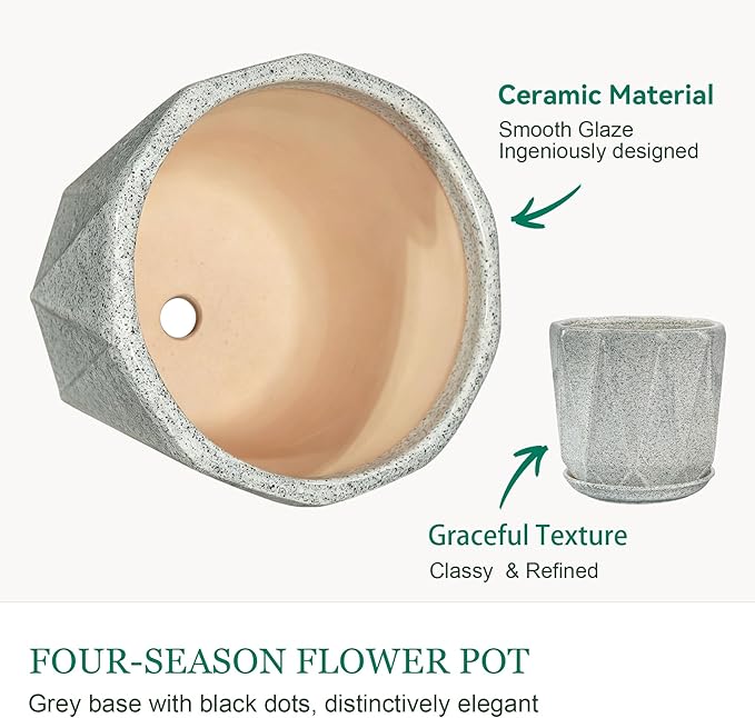 7.8 Inch Ceramic Plant Pot with Drainage Hole Mesh Net, Large Flower Pots for Indoor Plants with Saucer, Gardening Pots Outdoor(Gray-dot)
