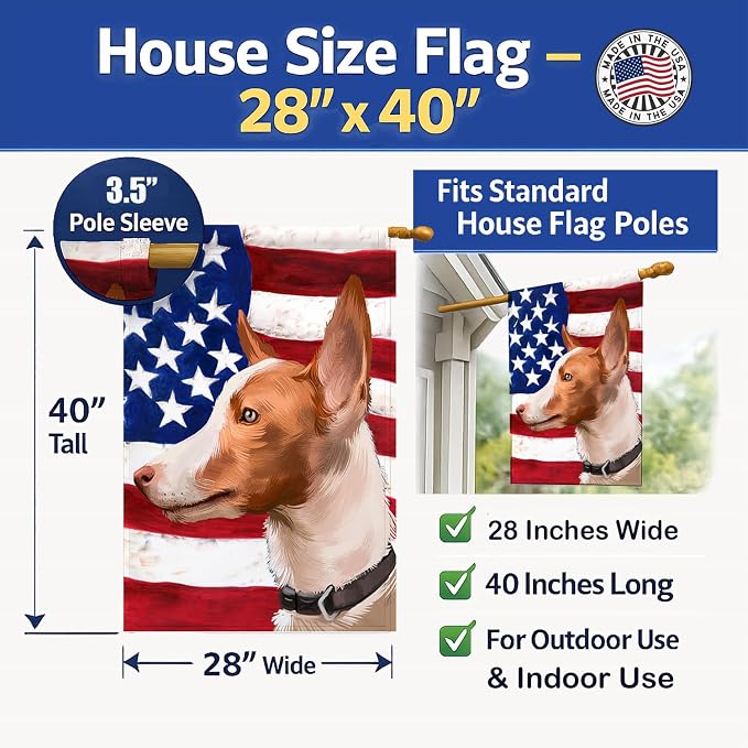 Caroline's Treasures CK6404CHF Andalusian Hound Dog American Flag House Flag Large Porch Sleeve Pole Decorative Outside Yard Banner Artwork Wall Hanging, Polyester, House Size, Multicolor
