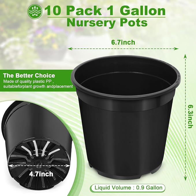 10 Pack1 Gallon Pots for Plants, 1 Gallon Plastic Nursery Pot with Drainage Holes, Sturdy Plastic Plant Pots for Nursery Garden, Flowers, Succulent Outdoor Indoor (Black, 1 Gal- 10 Pack)