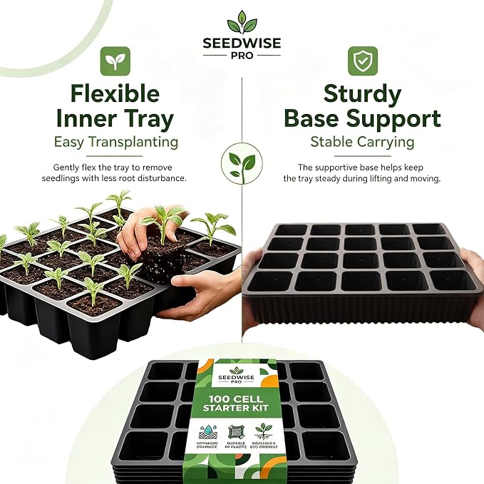 Square Nursery Pots 2 Layers with Drainage, 100 Cell Seeding Tray, 5 Packs | Double-layer Drainage Design Seed Starter Tray, More Durable for Reusable, Coloful Plant Lables