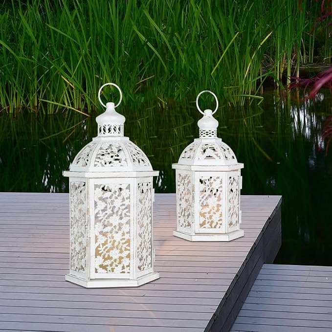 Lanterns Decorative Outdoor&Indoor, Set of 2 (15"&7") White Metal Lantern Decor, Candle Holder for Porch, Patio, Christmas, Balcony, Wedding, Table Centerpiece