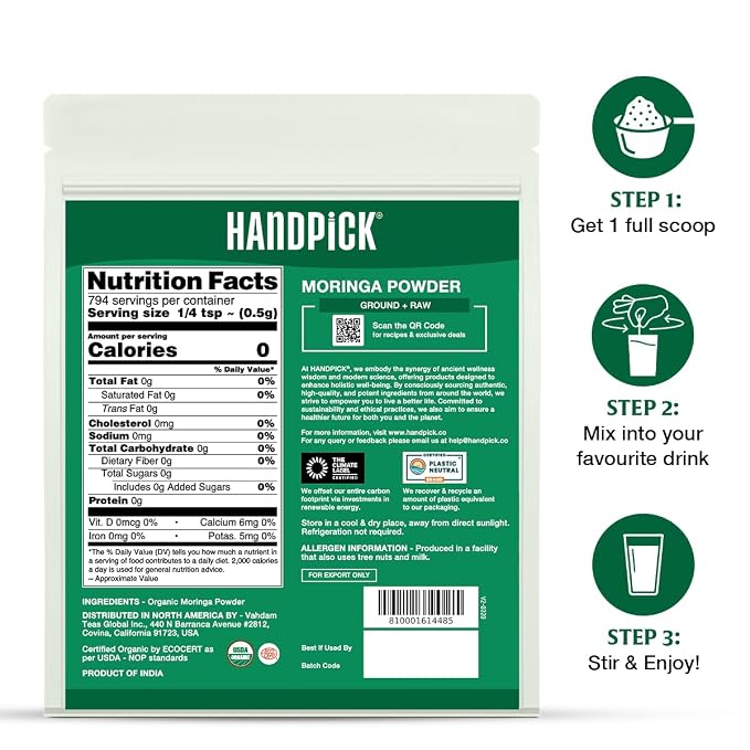 HANDPICK USDA Organic Moringa Powder (397g/14oz) Pure Moringa Oleifera Leaf Powder | Authentic Indian Origin | Gluten Free, Non-GMO | Perfect for Smoothies, Drinks, Tea & Recipes (Packaging may vary)