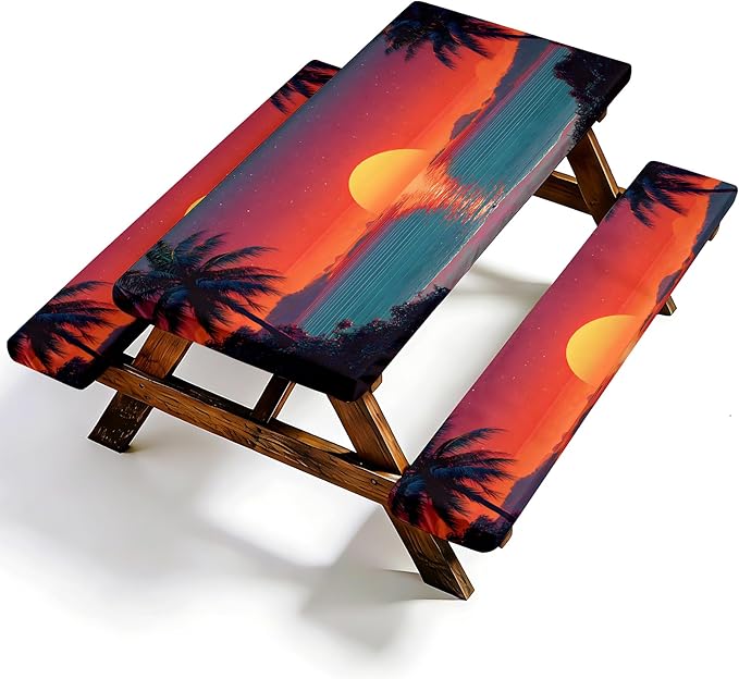 NYZE 3 Pieces Beach Sunset Picnic Table Cover with Bench Covers Set, Elastic Edge Camping Tablecloth, Tablecloth Cover with Drawstring Bag, Camping Essentials for Outdoor Picnics, Patio, BBQ