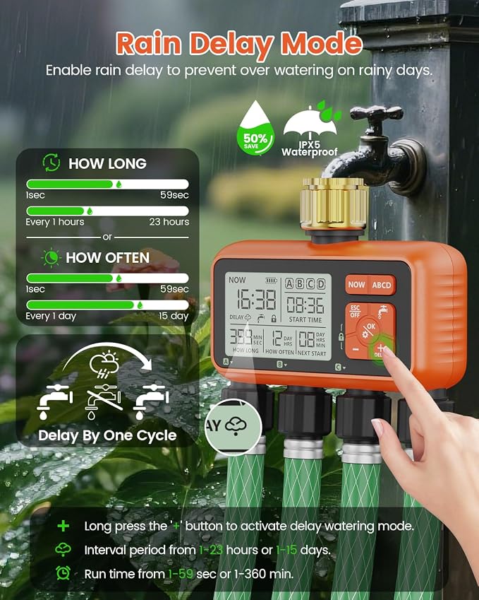 Sprinkler Timer 4 Zone with Brass Inlet Water Timer for Garden Hose Programmable Hose Faucet Controller with Independent Zone Control Custom Rain Delay Manual&Auto Watering Child Lock for Yard Lawn
