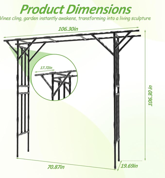 Garden Arch Trellis - 106.3" L×106.3" H Extra Large Flat Top Arbor Trellis with Coated Steel Pipe, Trellis for Climbing Plants Outdoor, Heavy Duty Abor Archway for Wedding Decor(25MM Pipe)