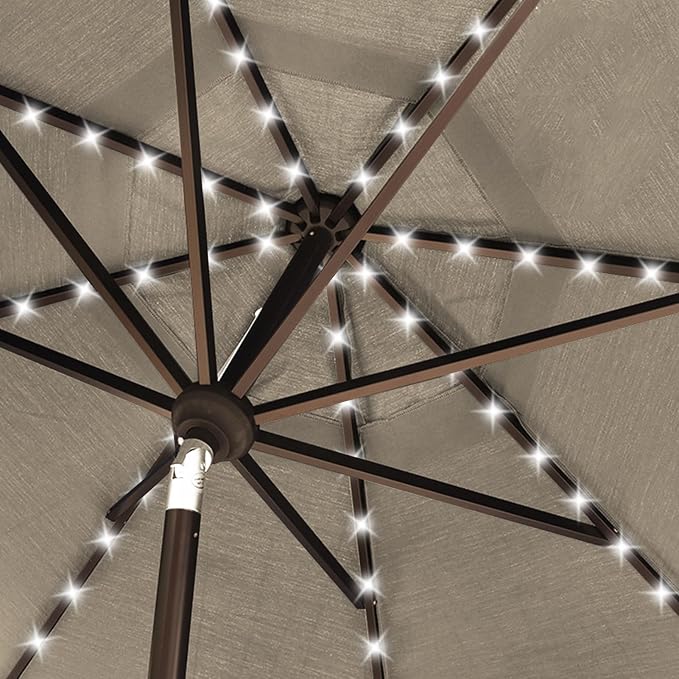 EliteShade USA 10-Year-Non-Fading 10ft Market Patio Umbrella, Commercial Grade Table Sun Umbrella with 80 Solar LED Lights, Crank Open, Windproof & UPF 50+ UV Protection for Garden, Deck, Pool, Backyard, Antique Beige