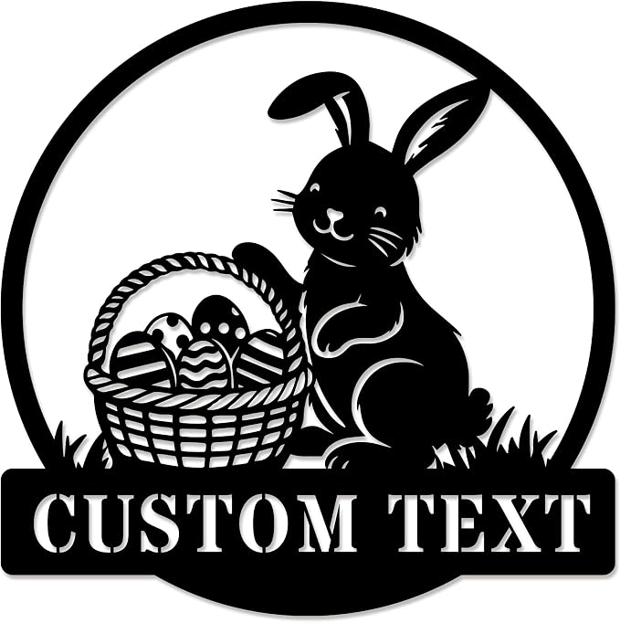 Personalized Easter Bunny Metal Wall Art with Custom Text, Easter Rabbit with Eggs Sign for Front Door, Farmhouse Spring Easter Decoration