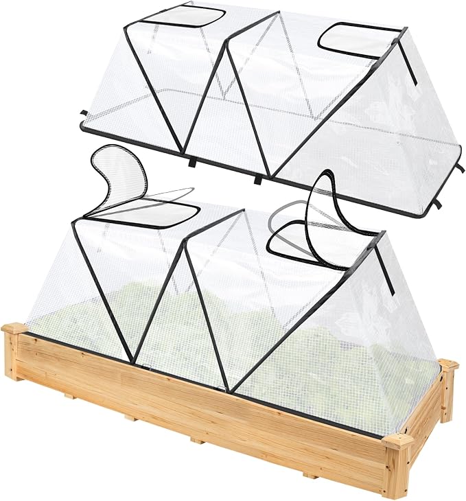 2Pack Foldable Garden Plants Covers with Two Dual Layer Skylights, 47.2" X 14.2" X 13" Raised Bed Greenhouse Cover, Garden Frost Protection for Vegetable Flower Fruits from Animals, Include 16 Stakes