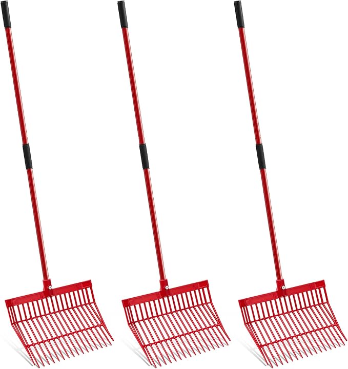 Lasnten 3 Sets Manure Fork with Long Handle, ABS Plastic Head & Metal Handle, Pitch Fork Manure Rake Heavy Duty Muck Rake for Gardening Horse Stable Grass Hay Cleaning Farm Work (Red,Normal Grip)