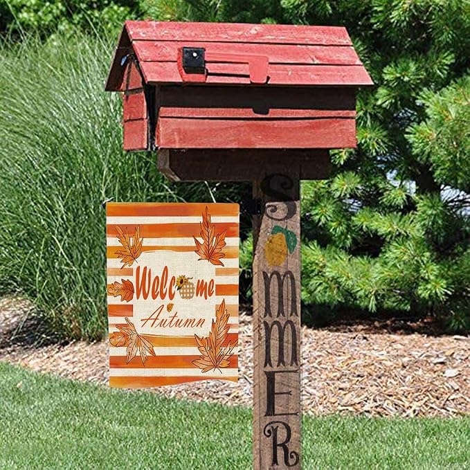 EMMTEEY Welcome Garden Flag Fall Leaf 12.5X18 Double-Sided, Seasonal Yard Flags Welcome Autumn Small Burlap Garden Flags for Outside Front/Back Door