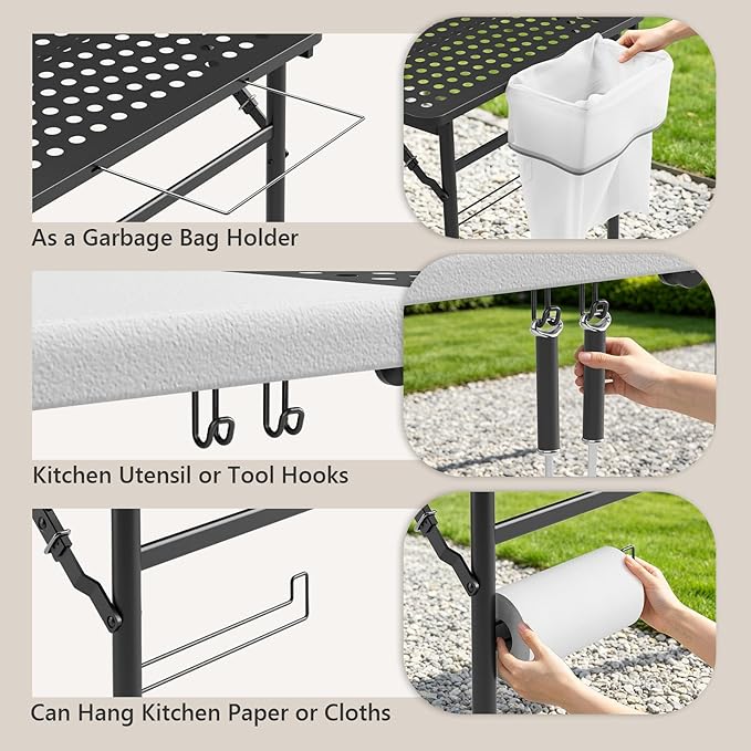 5ft Folding Table for Picnic Camping, Portable Outdoor Table with Metal Grid Grilling Surface, Heavy Duty Foldable Table for Cook Prep,Suitable for Camping, Backyard, Patio and Beach