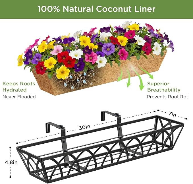 Y&M 4 Pack Hanging Railing Planter Boxes, 30 Inch Adjustable Balcony & Deck Planter, Heavy Duty Metal Flower Box for Porch, Fence & Window, Outdoor Plant Holder