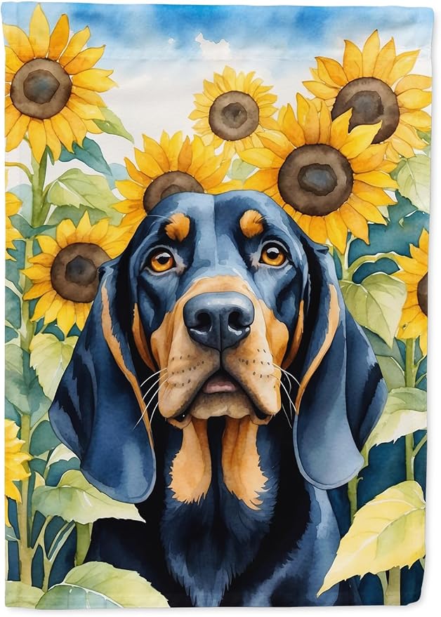 Caroline's Treasures DAC6028CHF Black and Tan Coonhound in Sunflowers House Flag Large Porch Sleeve Pole Decorative Outside Yard Banner Artwork Wall Hanging, Polyester, House Size, Multicolor