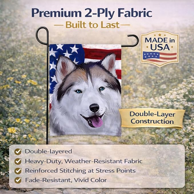 Caroline's Treasures CK6389GF Alaskan Husky American Flag Garden Flag Mailbox Flag Decorative Yard Flag Banner Outside Patio Artwork Yard Flower Beds, Garden Size, Multicolor