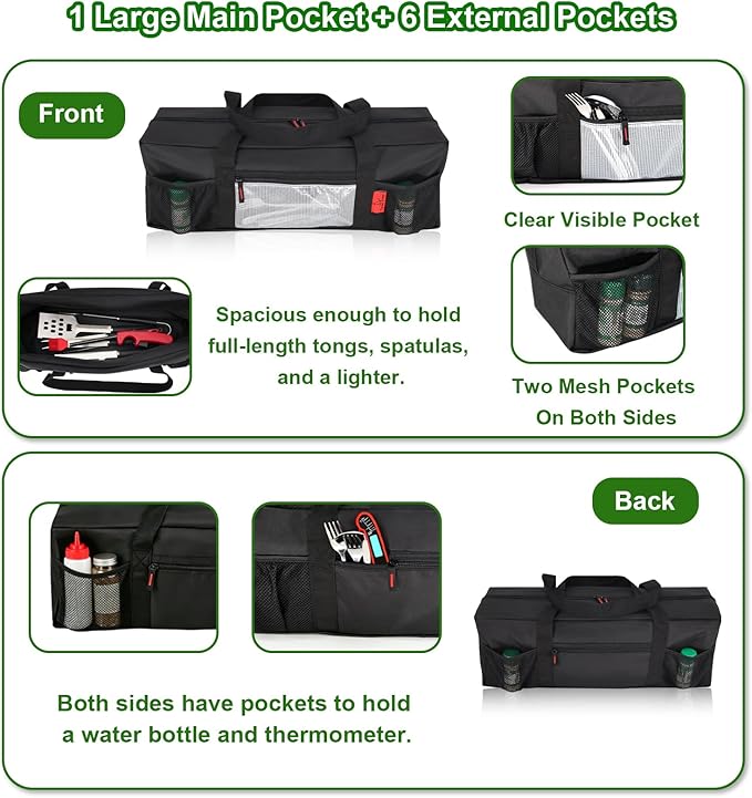 Extra Thick 24" Storage Bag Grill Tool Organizer Pro, BBQ Tool Heavy Duty Bag with Pockets, Double Layer 600D Oxford Cloth Waterproof (2X Thickness), Camping, Tailgating, BBQ Party Gift