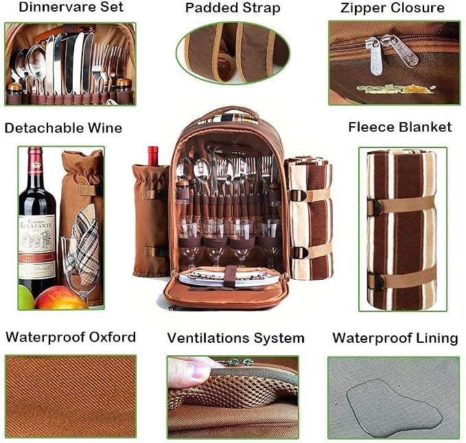 Hap Tim Picnic Backpack Bag for 4 Person with Cooler Compartment, Detachable Bottle/Wine Holder, Fleece Blanket, Plates and Cutlery Set Perfect for Outdoor, Sports, Hiking, Camping, BBQs(Coffee)