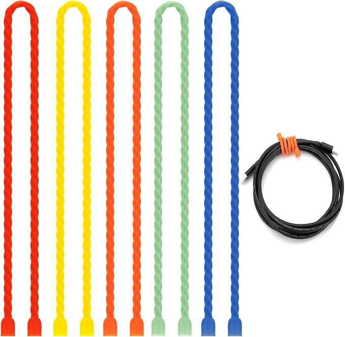 5 PCS 24-Inch Silicone Cable Ties - Reusable Twist Ties Bendable Steel-Core Rubber Cable Ties for Bundling and Holding, All Purpose Cord Tie for Indoor and Outdoor (5 Colors)