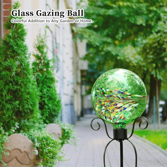 VCUTEKA Gazing Ball for Garden, Glass Outdoor Garden Globe Decor 10" Green | Handcrafted green swirl glass gazing balls that creates elegant garden focal point in any outdoor landscape yard decorative