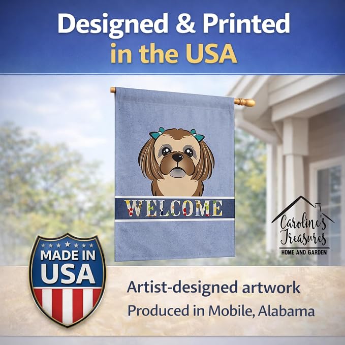 Caroline's Treasures BB1435CHF Chocolate Brown Shih Tzu Welcome House Flag, Blue Large Porch Sleeve Pole Decorative Outside Yard Banner Artwork Wall Hanging, Polyester, House Size, Multicolor