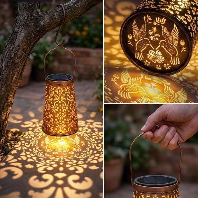 LeiDrail 4 Pack Solar Lanterns Outdoor Waterproof, Hummingbird & Flower Hanging Vintage Metal Lantern, Auto On/Off Garden Patio Yard Porch Pathway Decor, Gifts for Women Mom Grandma