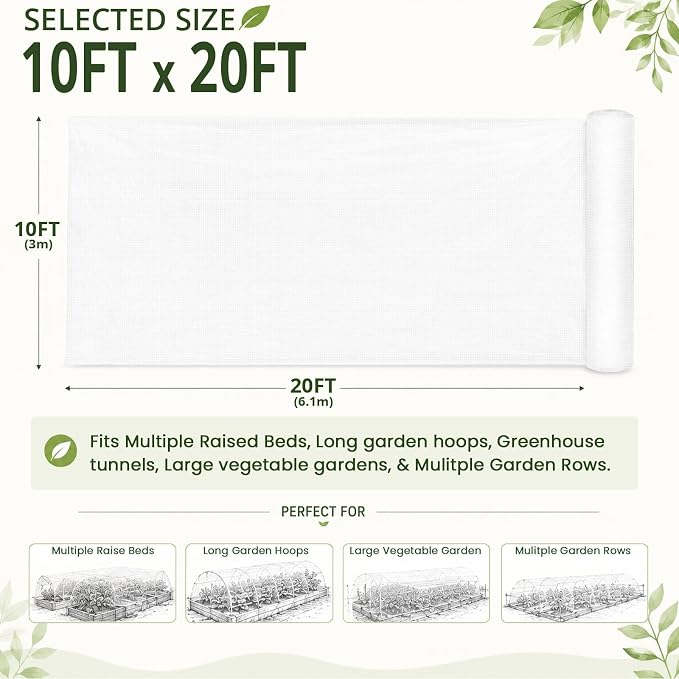 10Ft x 20Ft Garden Netting, Fine Mesh Insect Netting for Plant Protection, Mosquito Bug Bird Barrier Mesh Cover for Vegetables Fruits Flowers Raised Beds