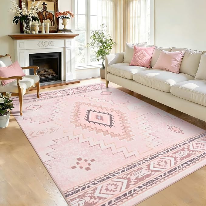 Yinhua Pink Rug for Bedroom, Western 5x7 Rugs for Living Room | Moroccan Washable Area Rug Low-Pile, Soft Aztec Rugs Non-Slip, Non-Shedding Carpet for Dining Table Office Nursery