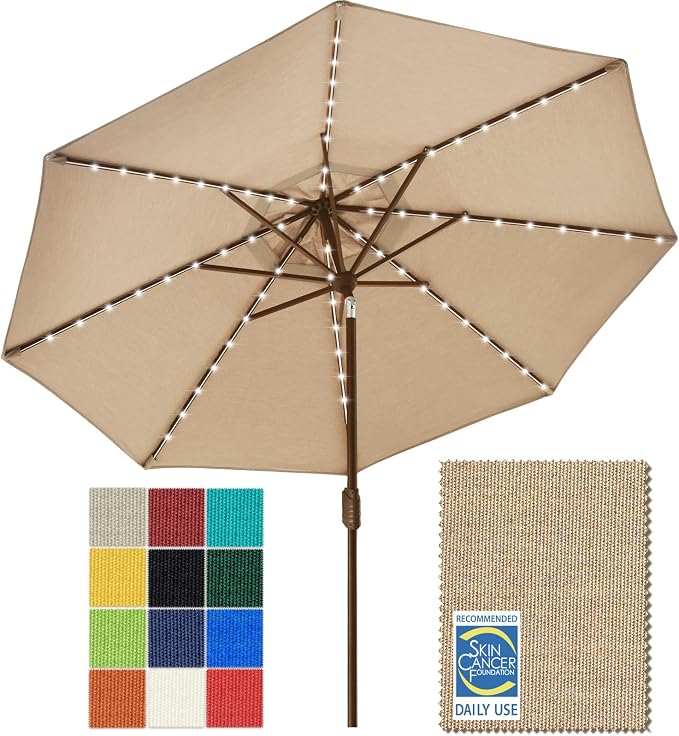 EliteShade USA 10-Year-Non-Fading 9ft Market Patio Umbrella, Commercial Grade Table Sun Umbrella with 80 Solar LED Lights, Crank Open, Windproof & UPF 50+ UV Protection for Garden, Deck, Pool, Backyard, Heather Beige