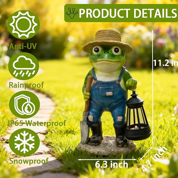 11'' Solar Frog Garden Decor Outdoor Statue with Lantern Gift Idea | Light Decorations for Yard Garden Patio Mom Gift
