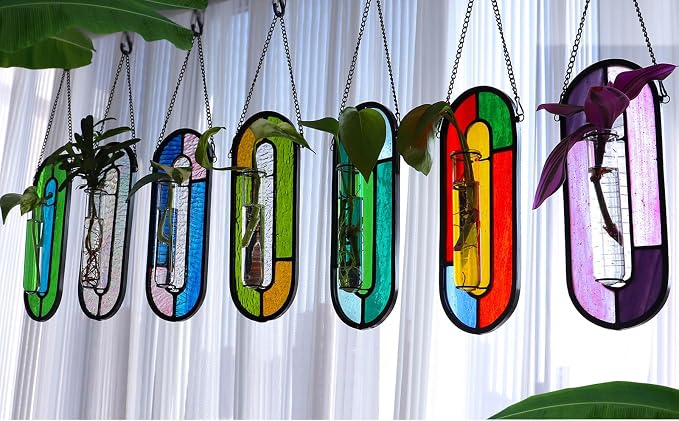 LITMIND Iridescent Stained Glass Plant Propagation Station - Vibrant Hanging Hydroponic Planter Terrarium with 2 Glass Tubes - Perfect for Home & Garden Décor