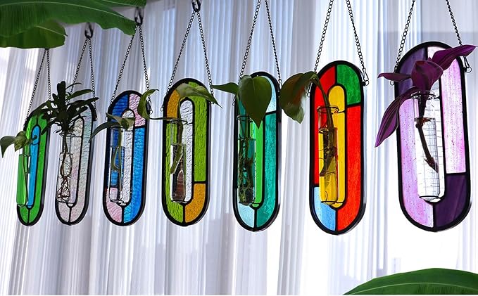 LITMIND Plant Propagation Station, Hanging Hydroponic Planter Terrarium with Vibrant Stained Glass Suncatcher Elements - Perfect for Home & Garden Decor, Includes 2 Glass Propagation Tubes