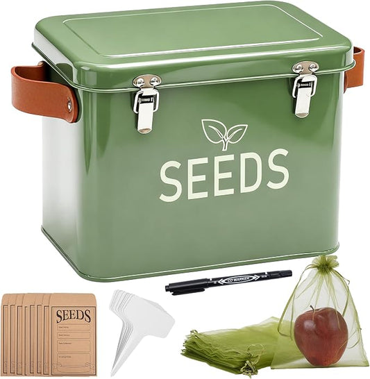Seed Storage Organizer, Metal Seed Saving Box with Leather Handles and Safety Locks, Seed Packet Container with 10 Fruits Protection Bags, 30 Plant Labels, 20 Seed Envelopes, 1 Marker Pen