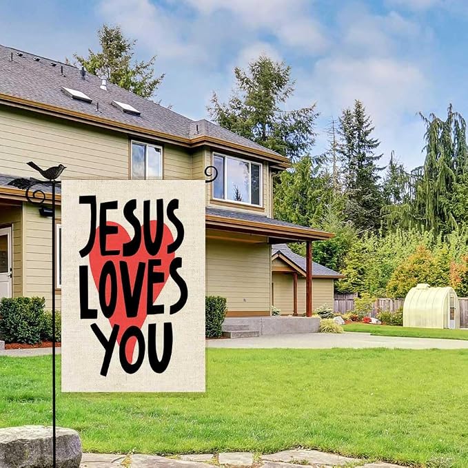 EMMTEEY Double Sided Easter Garden Flag 12.5X18 Inch Yard Outdoor Decor Garden Flag Jesus Loves You Lettering Design Housewarming Modern Red Heart White Garden Flag