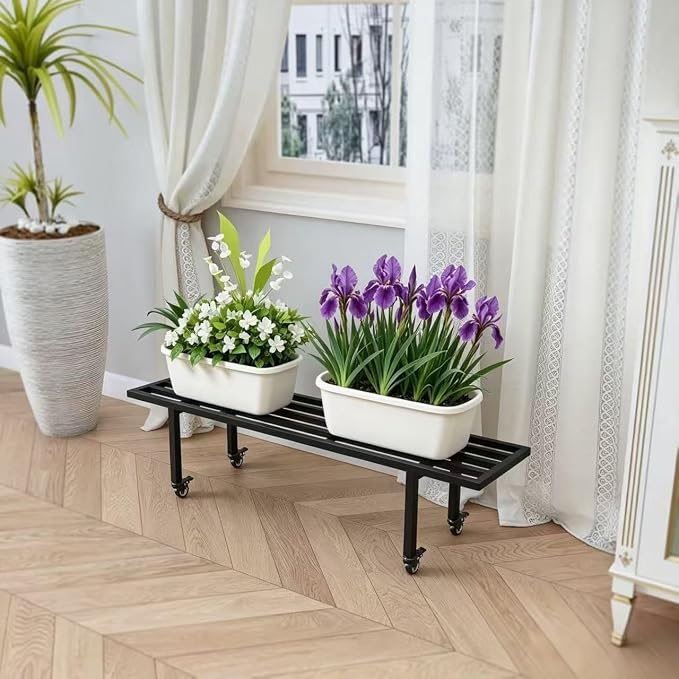 Zhongma One Tier Metal Plant Stand with Wheels,(35.43 L x 8.66 W x 10.3 H) Heavy Duty Plant Holder for Home, Window,Garden, Plant Lovers, Display Stand