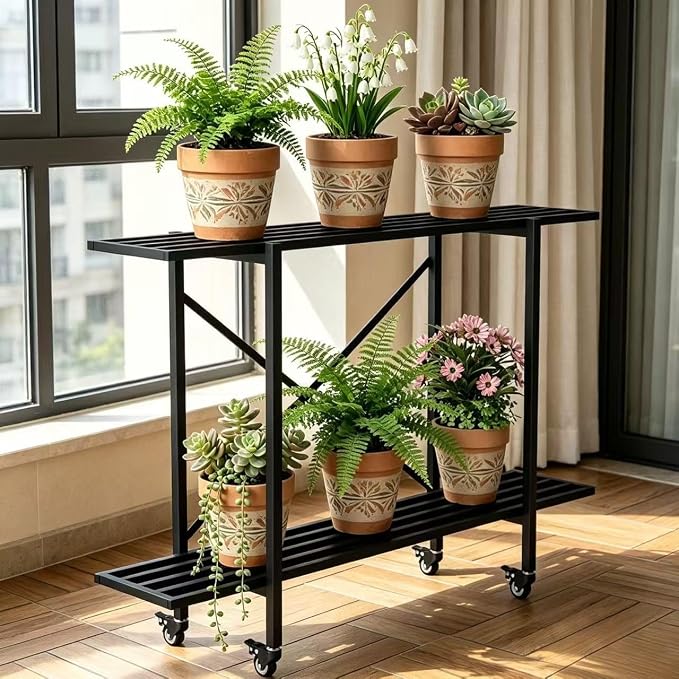 Zhongma 2 Tier Window Height Metal Sturdy Narrow Plant Stand with Wheels, Plant Stand Indoor and Outdoor, L35.43 x W10.3 x H29.9 inch, 440 LBS Capacity & Heavy Duty Construction.