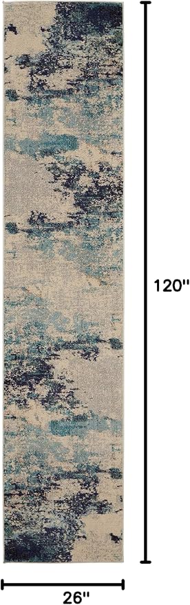 Nourison Home Celestial Ivory Teal Blue 2'2" x 10' Area Rug - Easy Clean, Non Shedding, Bed Room, Living Room, Dining Room, Kitchen (10' Runner)