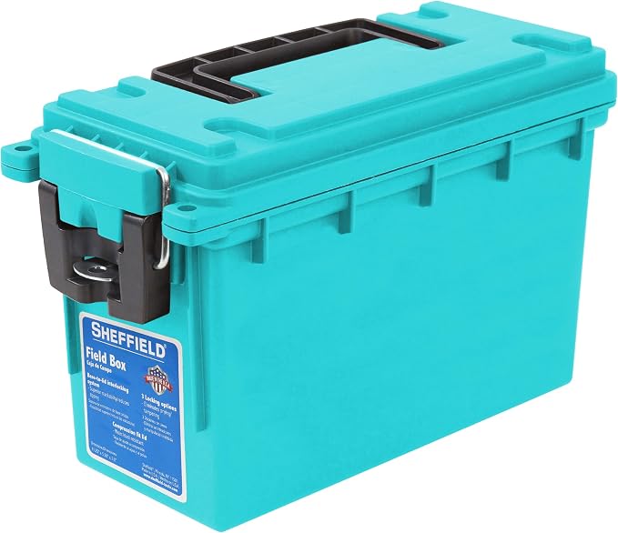 Sheffield Ammo Box Made in USA, Stackable Lockable Ammo Storage Box, Teal | Lockable Storage Box, Water and Dust Resistant Dry Box, Secures Hunting Gear, Gun Accessories, Supplies, and Bullets
