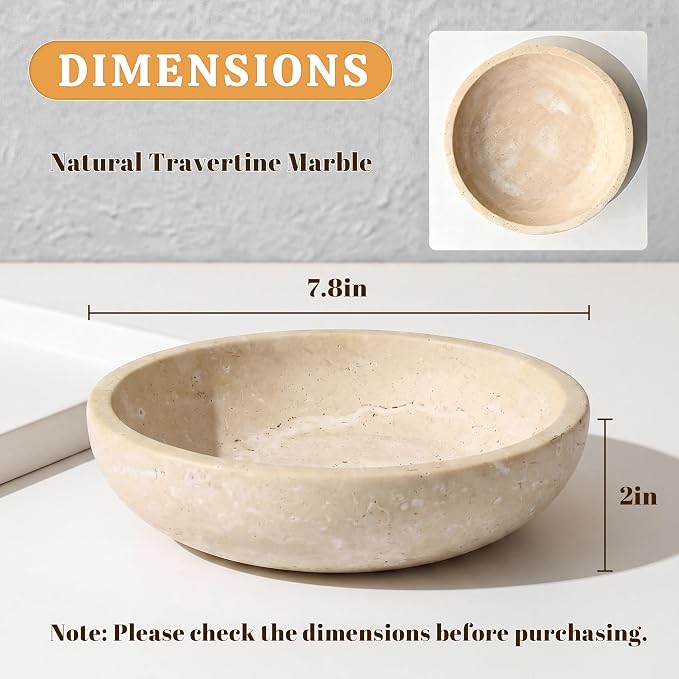 Travertine Marble Bowl & Decorative Bowl, 7.8" Modern Home Decor Key Bowl for Entryway, Natural Stone Centerpiece for Coffee Table, Ring Tray, Housewarming Gifts (Natural Color)