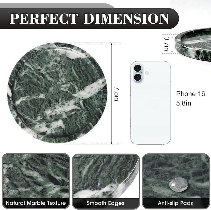 Natural Round Marble Tray - 7.8" Marble Vanity Tray for Dresser, Bathroom, Decorative Jewelry Dish for Perfumes Rings Earrings Necklaces, Stone Tray for Home Décor, Green