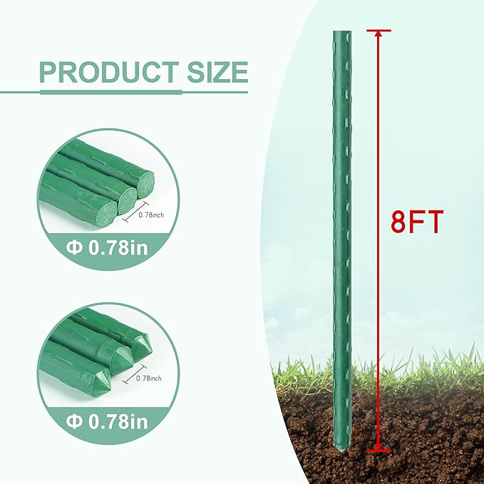 Garden Stakes 8FT 10pcs, Plastic Coated Steel Stakes Specifically Designed for Climbing Plants, Ideal for Tomatoes, Beans, Cucumbers, Peppers, Vines, and More Plant Growth