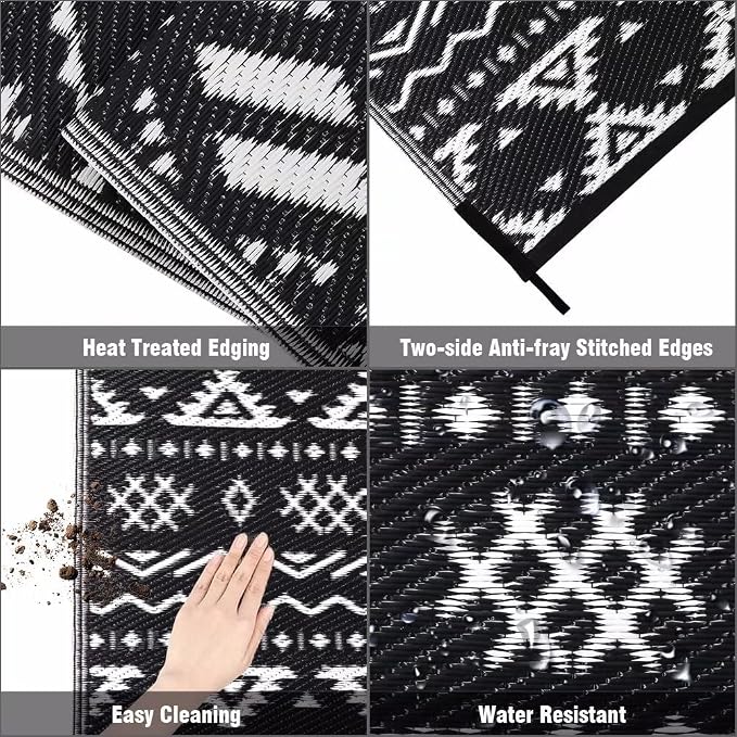 Pendolr Outdoor Rug 9’x12' for Patios Clearance Waterproof Carpet Large RV Mat Outdoor Plastic Straw Rug for Camping Reversible Outside Rug for Patio Balcony Deck Backyard Picnic Beach Black&White 02#