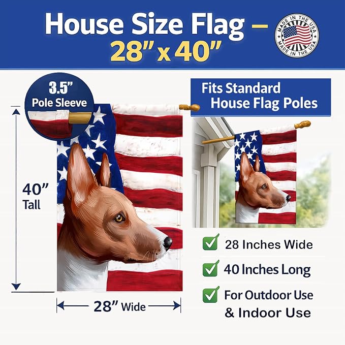 Caroline's Treasures CK6417CHF Basenji American Flag House Flag Large Porch Sleeve Pole Decorative Outside Yard Banner Artwork Wall Hanging, Polyester, House Size, Multicolor