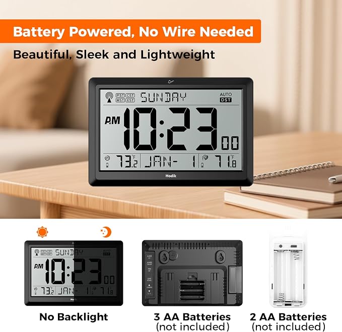 HODIK Wall Clock Atomic with Indoor Outdoor Temperature Battery Powered, Easy Reading with 10.5 Inch LCD Display, 330FT Range Table Wall Clock with DST, 12/24 Hour for Living Room Kicthen (Black)