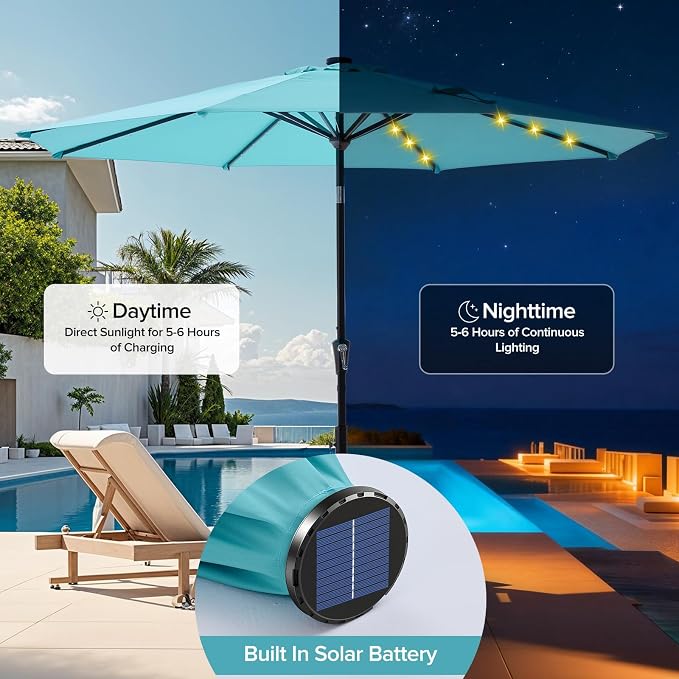 NEWBULIG 10ft Solar Patio Umbrella with 32 LED Lights, Table Market Umbrella with Tilt Adjustment & Crank Lift, Outdoor Sun Umbrella for Garden, Deck, Backyard, Pool and Beach
