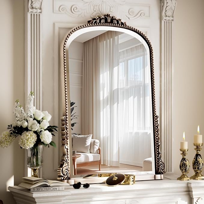 28"×40" Silver Arched Wall Mirror with Vintage Carving | Bathroom Vanity Makeup Mirror, as Wall Decor Hanging Leaning for Fireplace Mantle, Living Room, Bedroom, Vanity Area