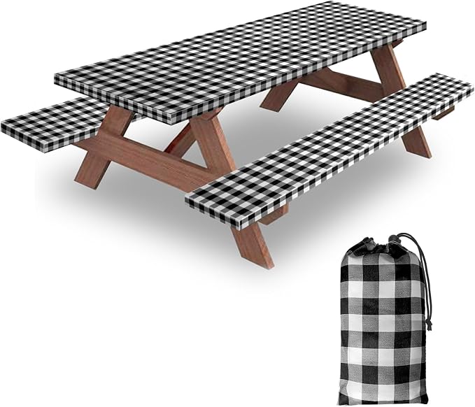 7ft Picnic Table and Bench Cover, Camping Essentials RV Gear, 84 in Waterproof Windproof Outdoor Elastic All Around Tablecloth, Fitted Rectangle Tables and Seats, Black-White Checkered