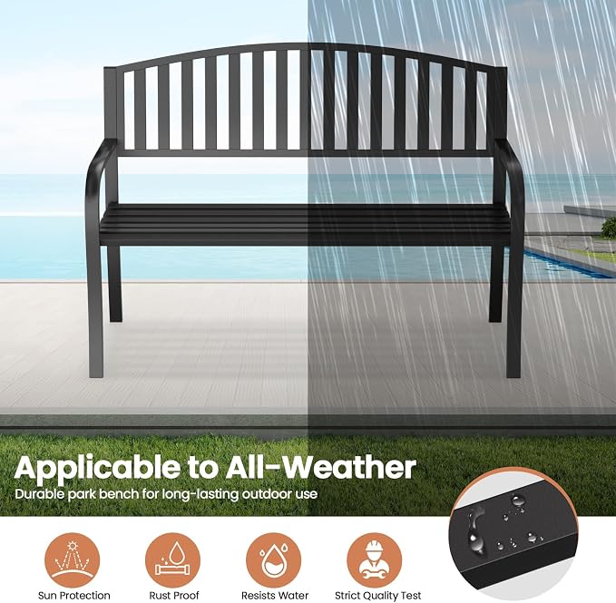 Garden Bench, 50" Outdoor Bench, 660LBS Wrought Iron Porch Bench, Patio Bench with Armrests for Garden Lawn or Yard, Black
