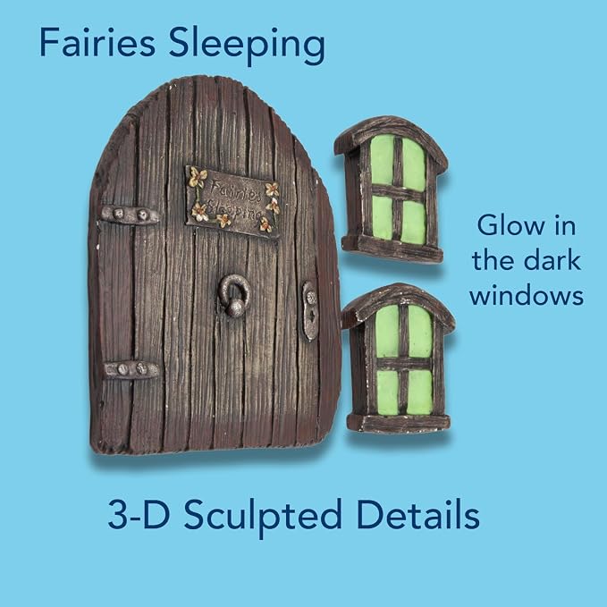 Bits and Pieces - Miniature Fairy Garden Glow in The Dark Fairies Sleeping Door and Windows Tree Statues - Tree Hugger Yard and Garden Sculptures Fairy Garden Mystical Gnome Home