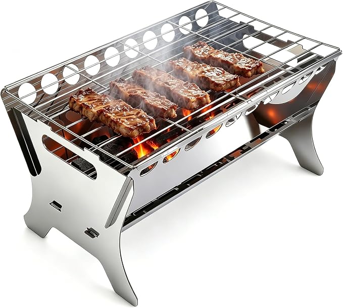 Portable Charcoal Grill, Stainless Steel Folding BBQ Grill, Heavy Duty Camping Fire Pit, Tabletop Charcoal Grills for Outdoor Cooking, Picnic, Tailgate, Beach, Backyard, 17 * 10.3 * 8.7 inch